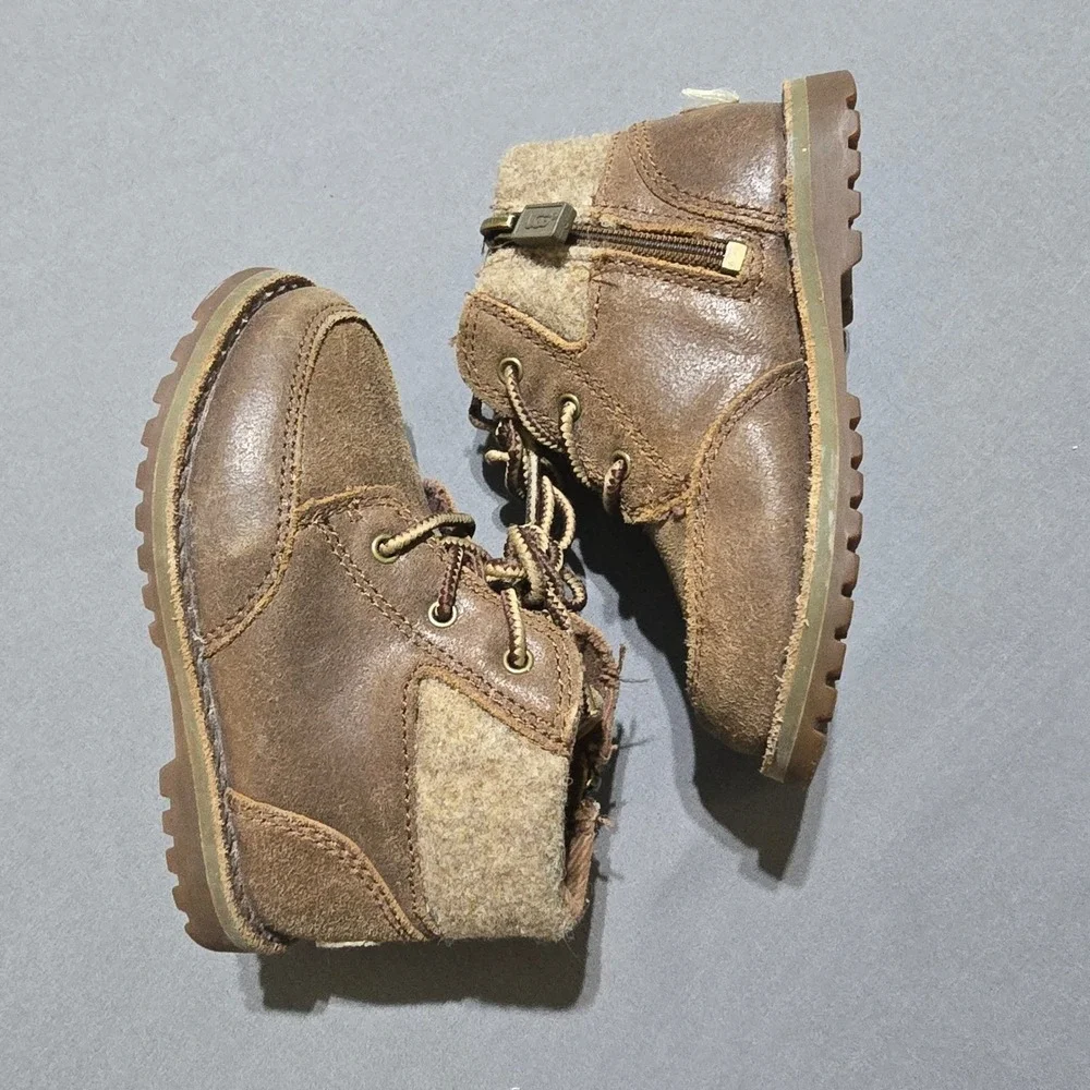 UGG Butte II Ankle Boots Kids Size 7 Brown Leather Suede Wool Trim 1008001T